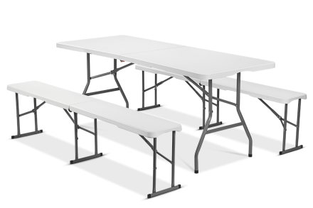 Zestaw cateringowy biały, stół + 2 ławki, 180cm