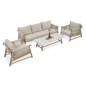 Meble wypoczynkowe składające się z sofy, dwóch foteli i stolika kawowego