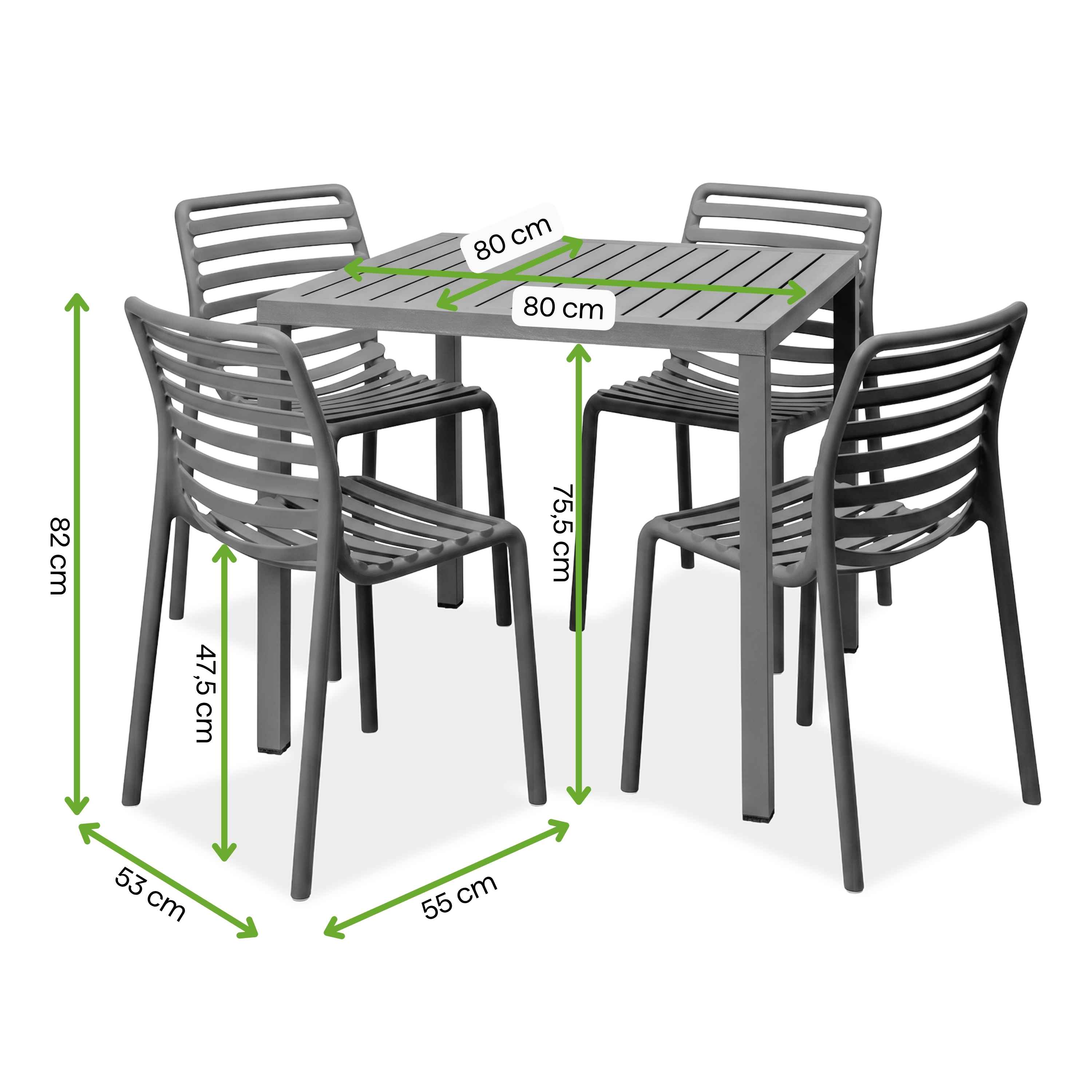 Grafika z wymiarami produktu zestawu tarasowego DOGA BISTROIT/CUBE 80 4+1 Nardi w odcieniu szarym