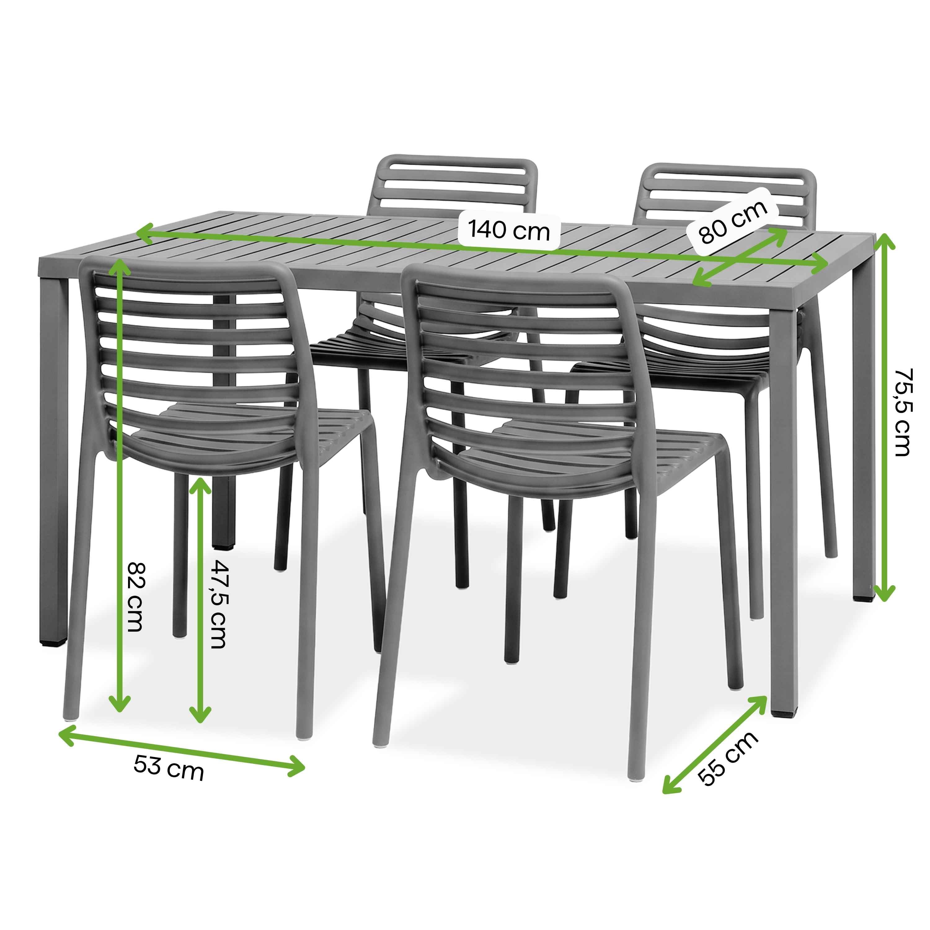 Grafika z wymiarami produktu ZESTAW 4+1 DOGA BISTROIT-CUBE 140 TABACCO w kolorze szarym