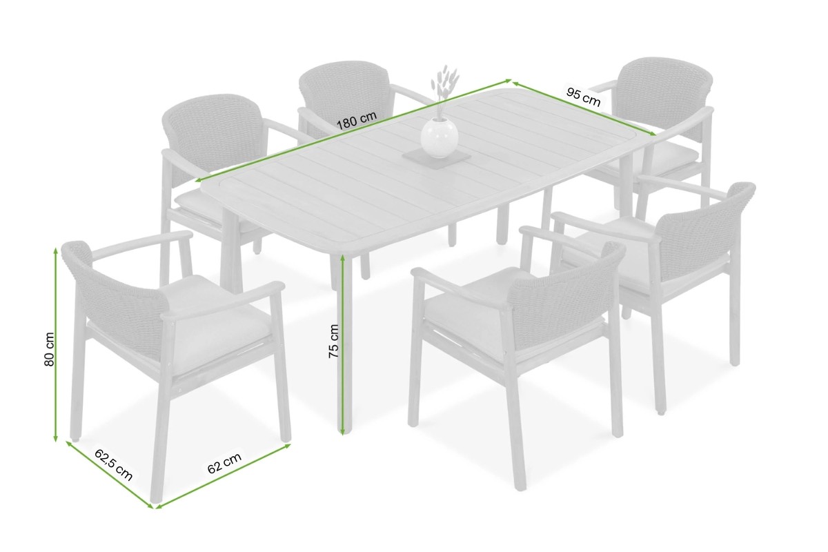 Rysunek z naniesionymi wymiarami na zestaw jadalniany dover dining