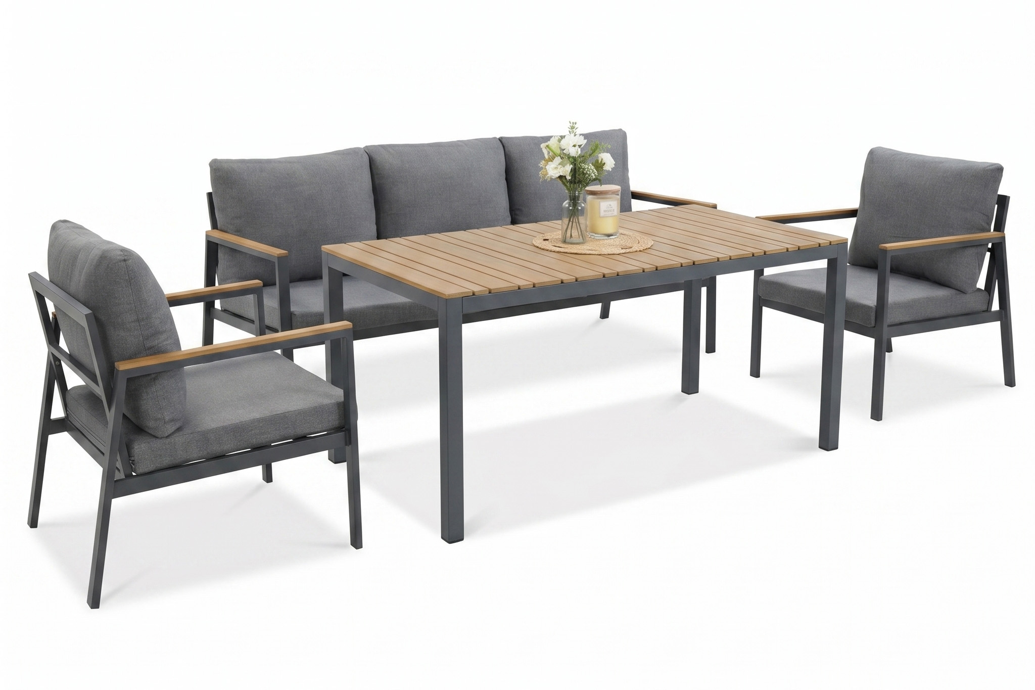 Widok od boku na aluminiowy zestaw jadalniany do ogrodu Edison Dining Dark Grey