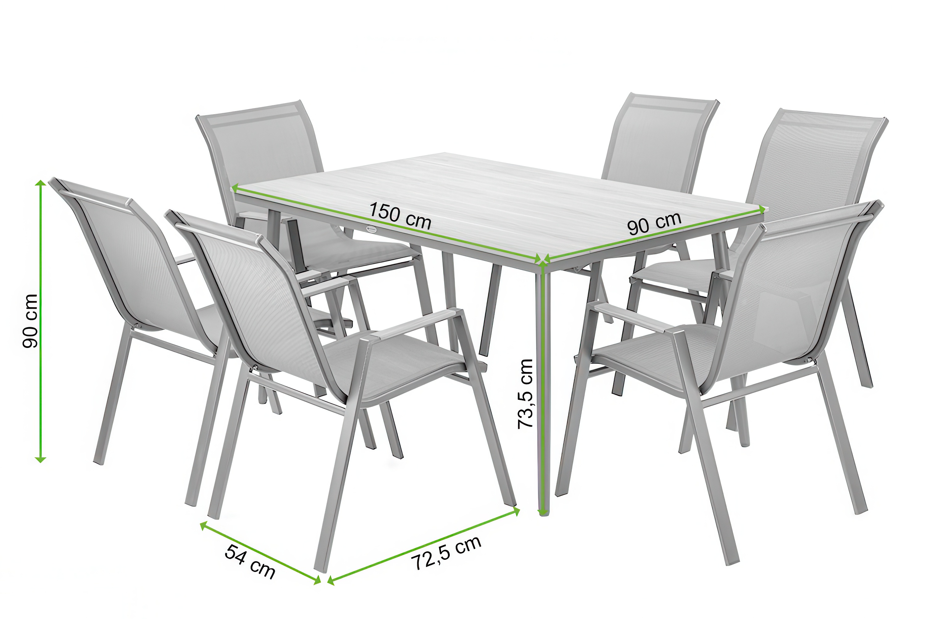 Zestaw mebli jadalnianych NOVA DINING 6+1 Dark Grey - grafika z wymiarami produktu na białym tle 