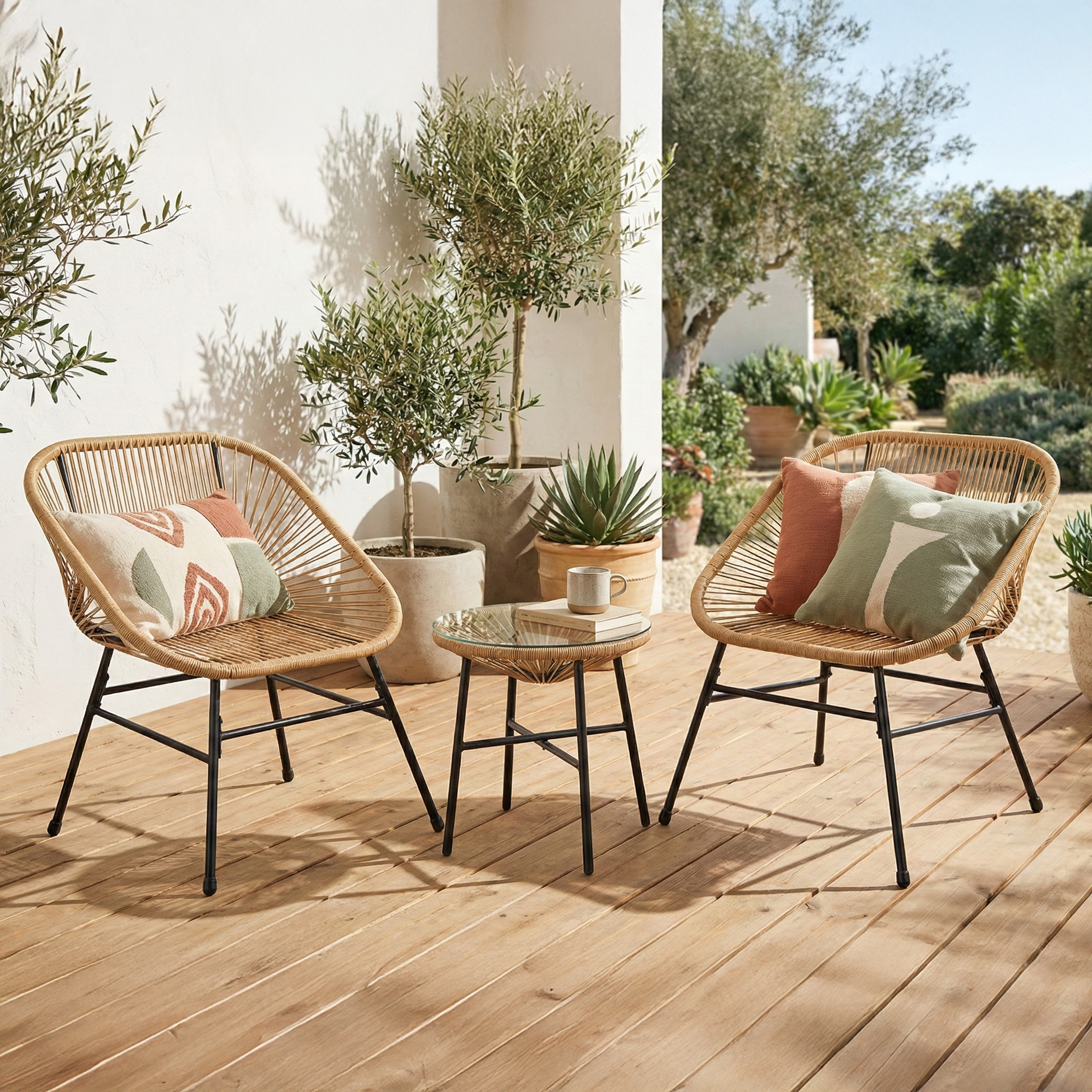 zestaw mebli na balkon maya new beige bjørkka aranżacja z poduszkami