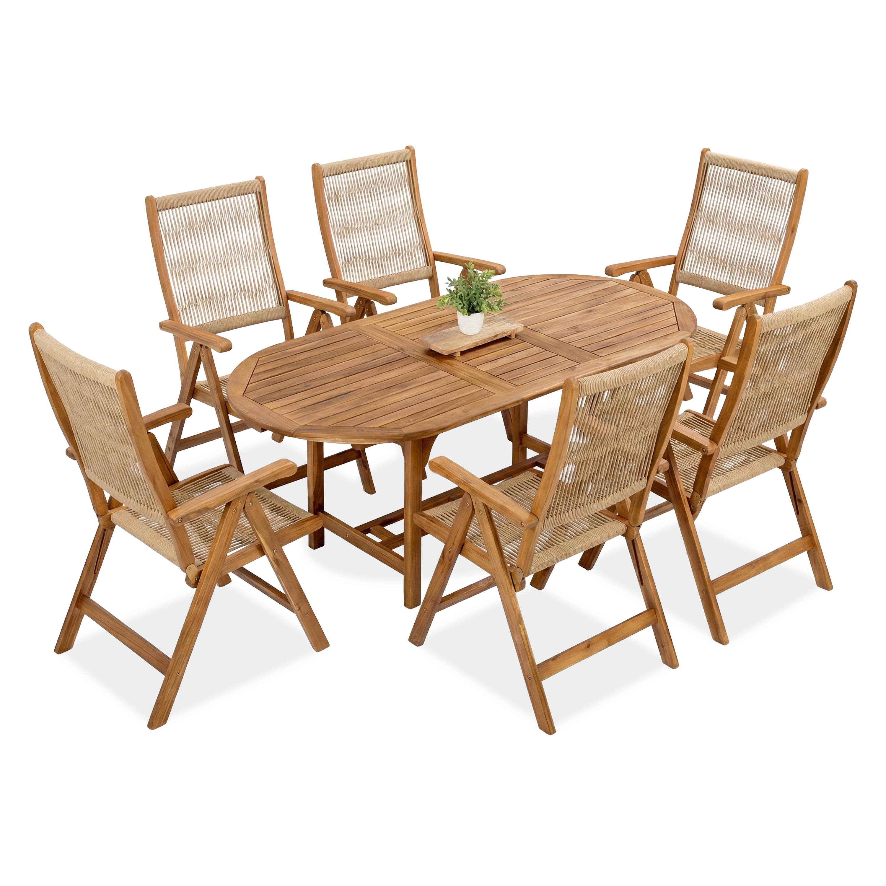 Zestaw mebli ogrodowych drewnianych z krzesłami wykończonymi sznurkiem AKADIA 190/6 + 1 - Bjørkka 