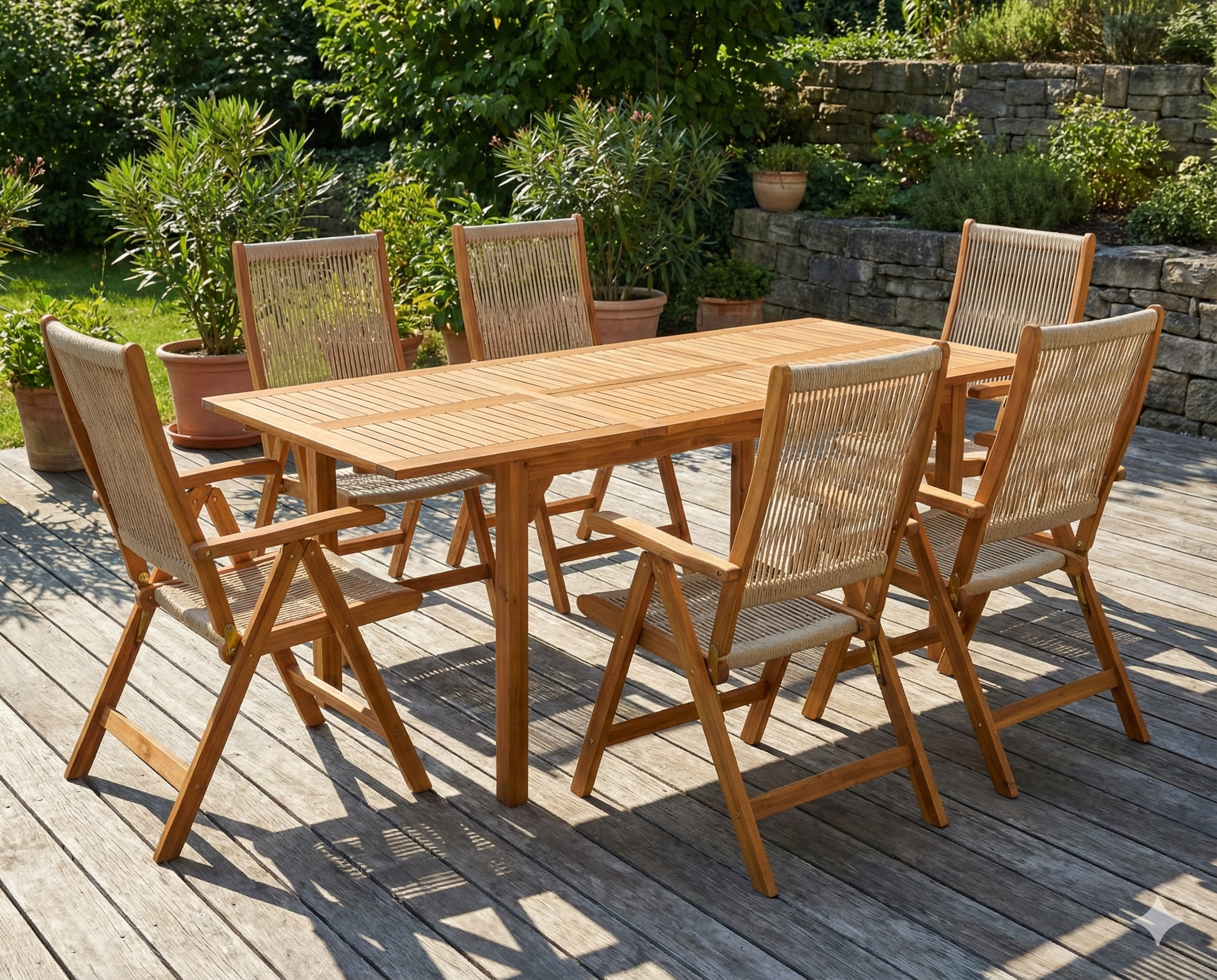 Zestaw mebli ogrodowych drewnianych z rozkładanym stołem na tarasie