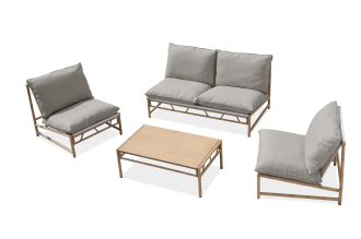 Zestaw ogrodowy MAKANI CAFFE Grey/Beige z sofą, dwoma fotelami i stolikiem kawowym w jasnym odcieniu konstrukcji