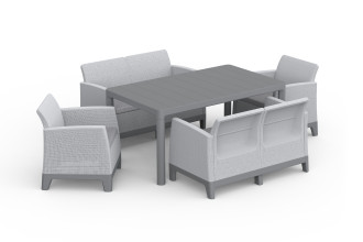 Zestaw mebli ogrodowych SCANDI DINING FIESTA Keter w kolorze Ash Grey-Storm Grey z jasnoszarymi poduszkami