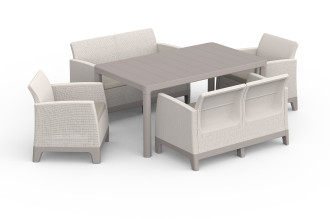 Zestaw mebli ogrodowych Keter SCANDI DINING FIESTA w kolorze Pebble Grey i Soft Beige z czterema fotelami i stołem