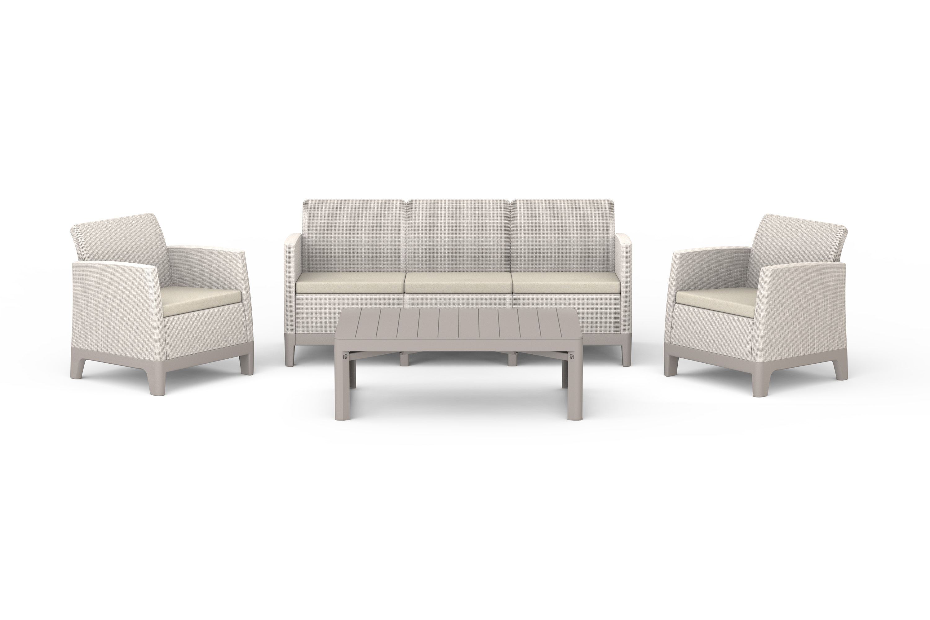 Zestaw mebli ogrodowych Keter SCANDI MAX3/LYON w kolorze Pebble Grey i Soft Beige z kanapą, dwoma fotelami oraz niskim stołem