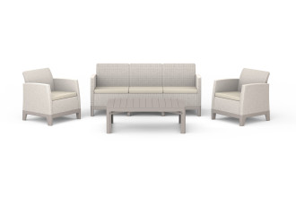 Zestaw mebli ogrodowych Keter SCANDI MAX3/LYON w kolorze Pebble Grey i Soft Beige z kanapą, dwoma fotelami oraz niskim stołem