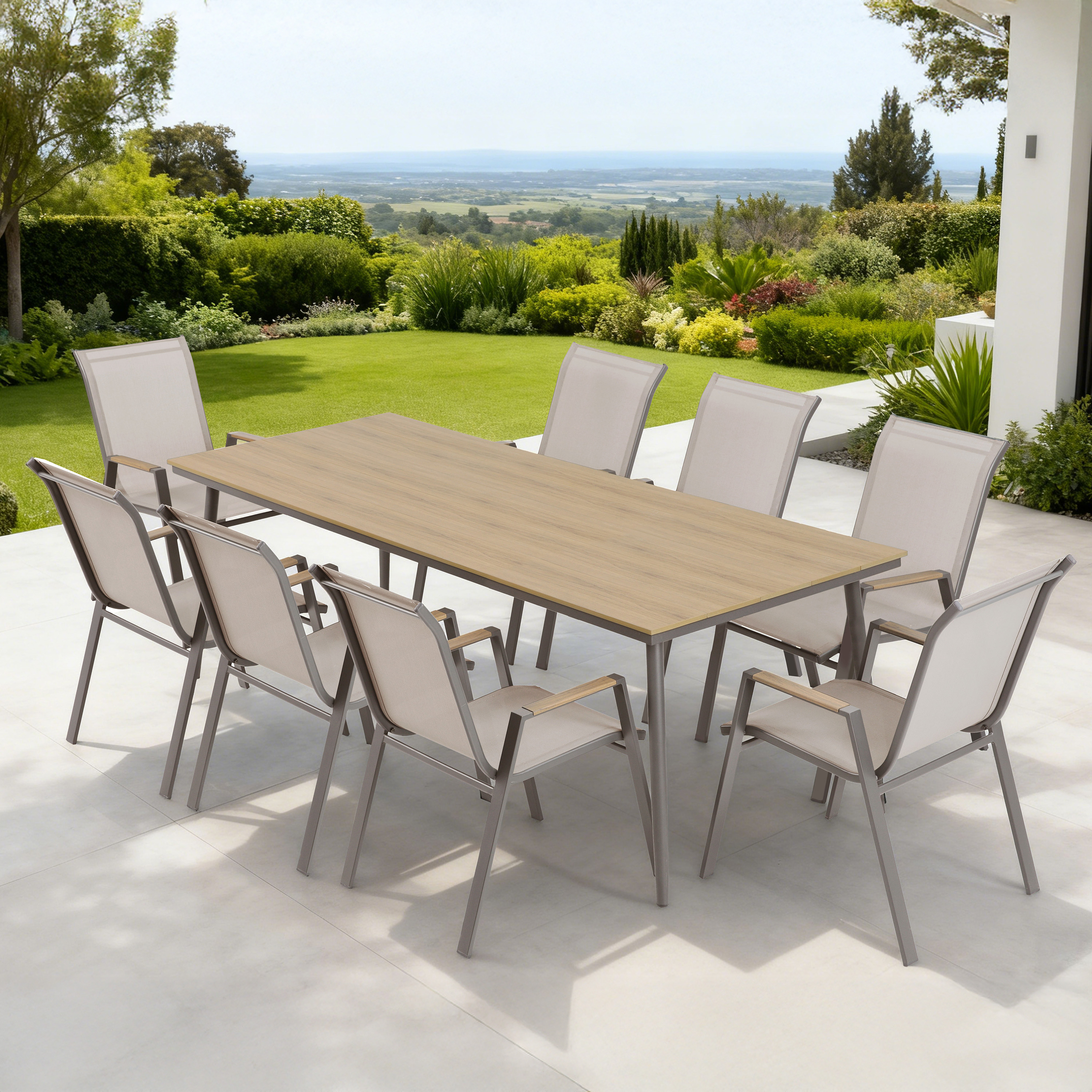 Zestaw mebli tarasowych NOVA DINING 8+1 Taupe aranżacja na tarasie