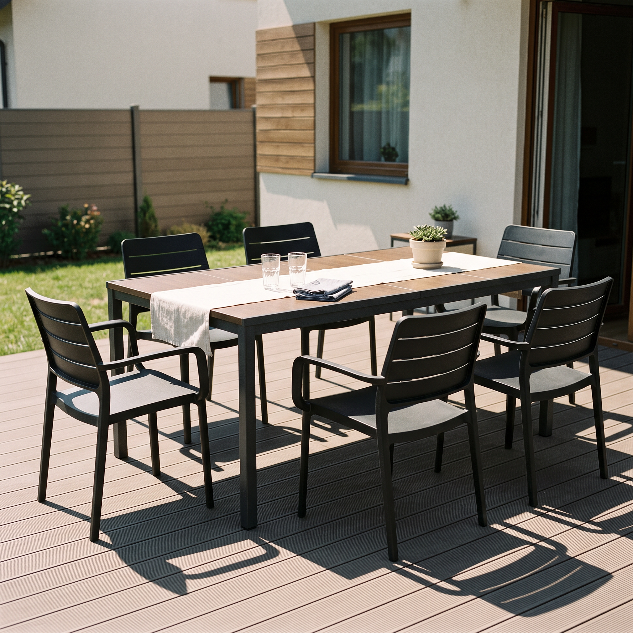Zestaw ogrodowy PORTO 160 6+1 Graphite Black Walnut na tarasie z sześcioma krzesłami i prostokątnym stołem w aranżacji
