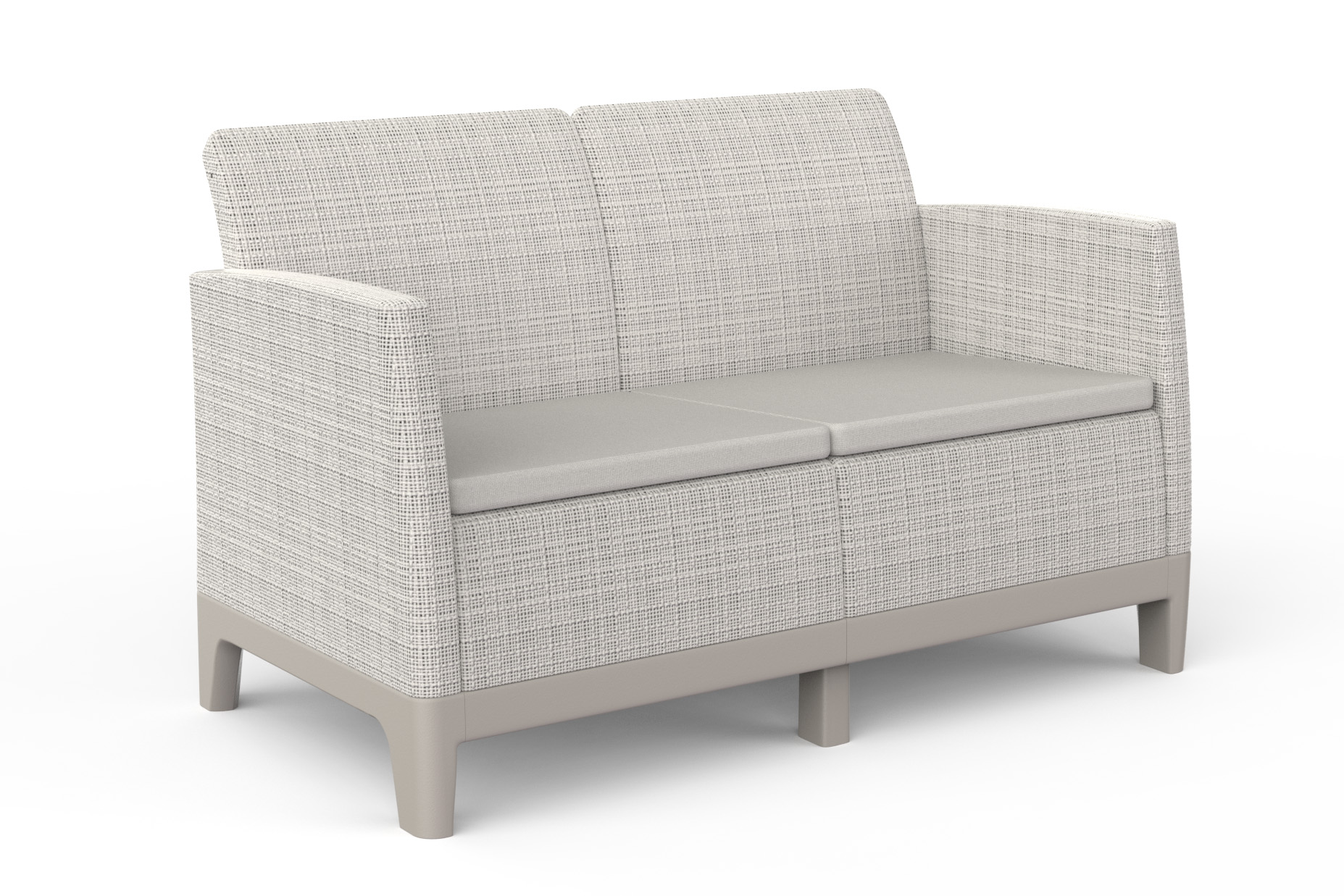 Dwuosobowa sofa Keter SCANDI DINING FIESTA w kolorze Pebble Grey-Soft Beige z jasnymi poduszkami