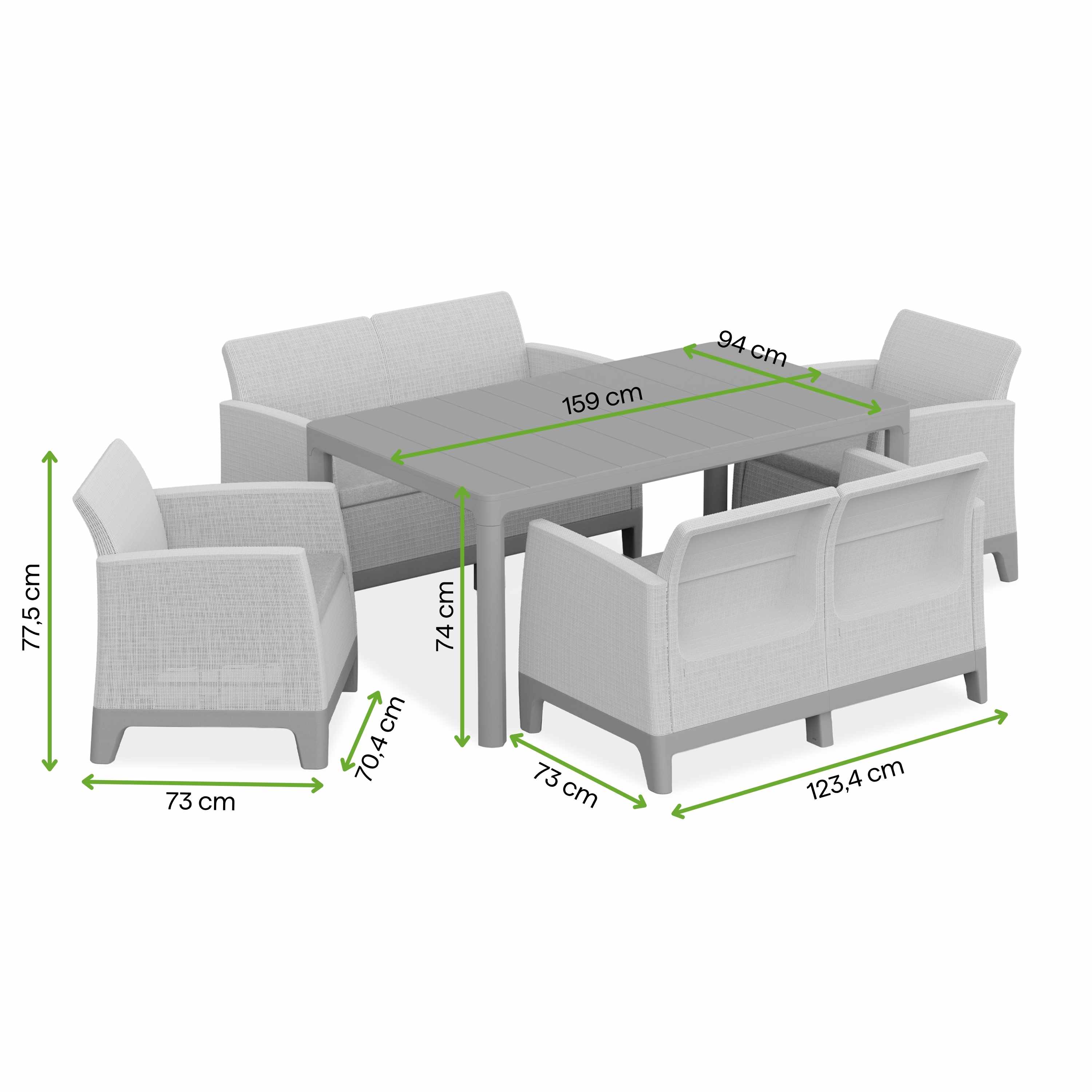 Zestaw mebli ogrodowych SCANDI DINING FIESTA Pebble Grey-Soft Beige / Oat Keter z wymiarami
