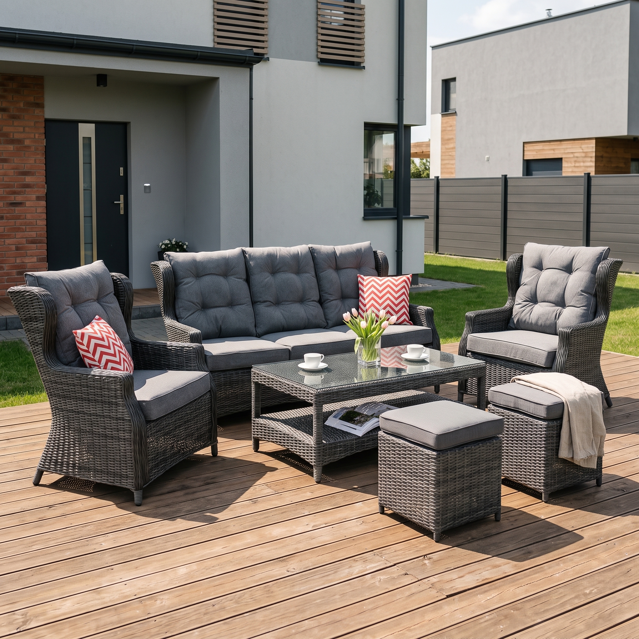 Zestaw technorattanowy TRIVENTO 3 + PUFY Dark Grey — aranżacja