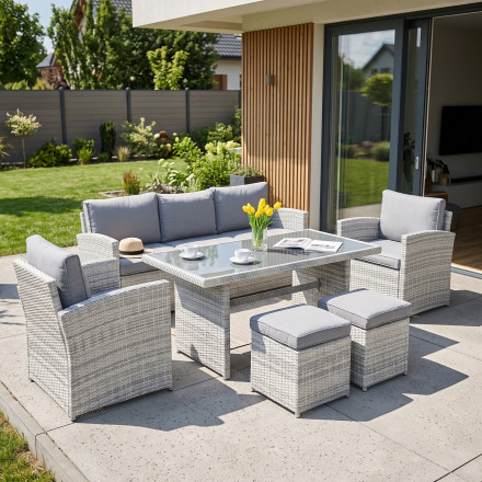Zestaw z technorattanu BORNEO + PUFY White Grey — aranżacja