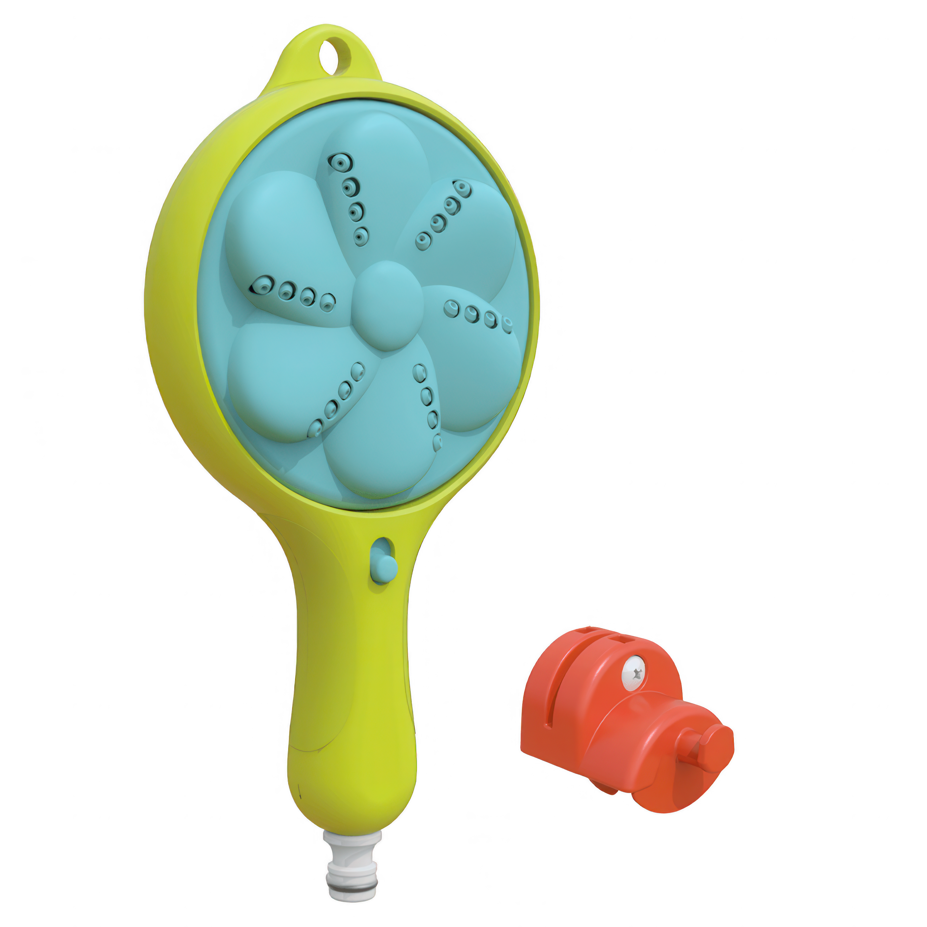 zielony zraszacz do wody smoby wraz z uchwytem umożliwiającym przymocowanie go do domku smoby