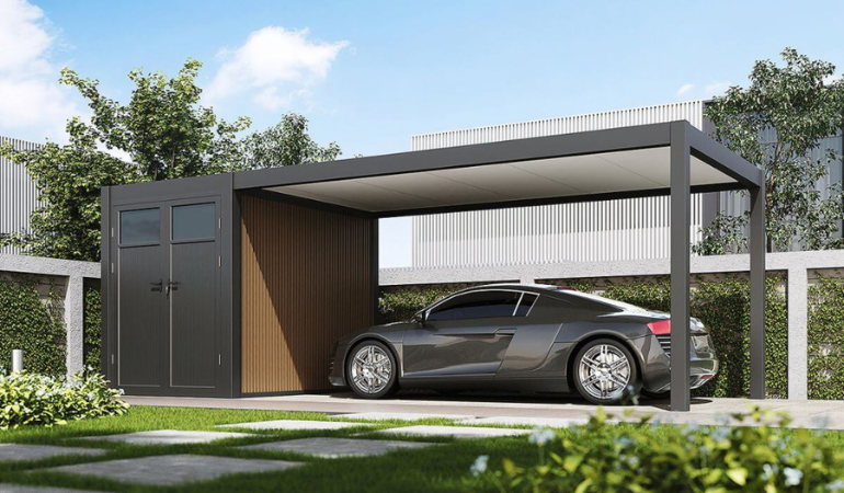 wiata garażowa ze schokwiem z ustawionym pod wiatą samochodem osobowym