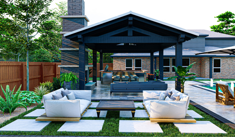 altana ogrodowa z zaaranżowanym letnim ogrodowem, salon w ogrodzie 