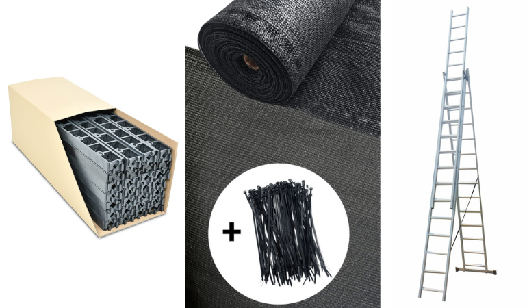 obrzeżą trawnikowe, drabiny i siatki cieniujące 