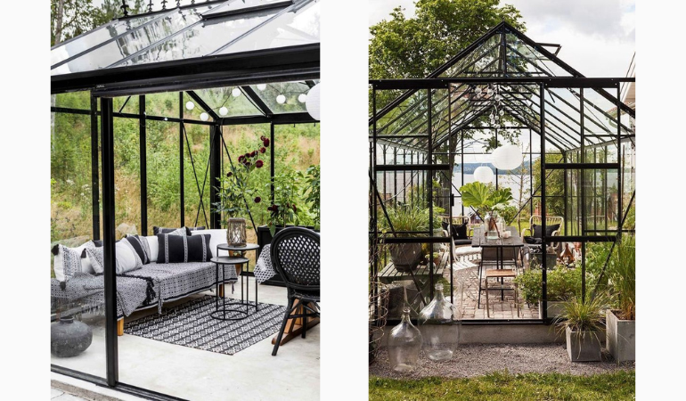 czarne oranżerie zaaranżowne meblami outdoor na ogr&oacute;d zimowy 