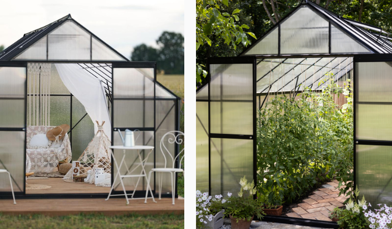 dwie szklarnie zaaranżowane jako zimowy ogr&oacute;d i miejsce pod uprawę 