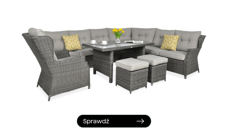 narożnik z technorattanu z fotelem i dwoma puchami w kolorze ciemno szarym