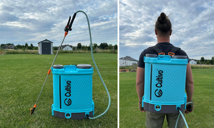 ogrodnik robiący oprysk trawy opryskiwaczem akumulatorowym 