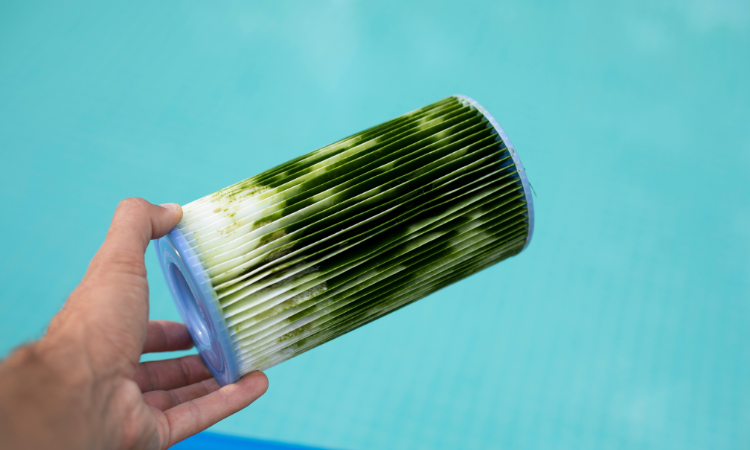 Dłoń trzymająca brudny filtr wody w basenie, poliestrowy filtr kasetowy wielokrotnego użytku po użyciu bez substancji. Czyszczenie i konserwacja basenu, wymiana filtra wody