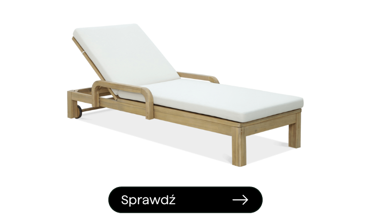 leżak z drewna akacjowego z beżowymi, grubymi poduszkami 