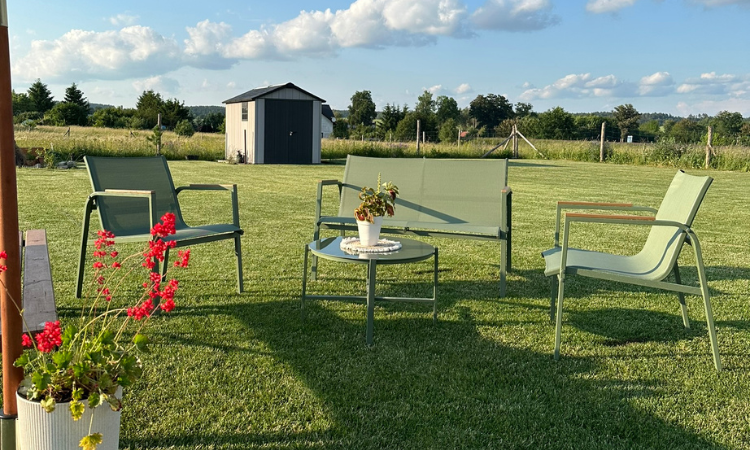 zielone meble w ogrodzie z domkiem narzędziowym w tle 