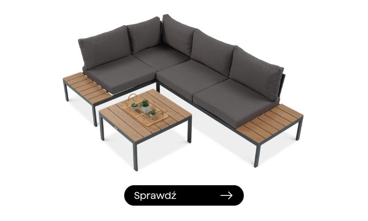 aluminiowy narożnik ogrodowy z antracytowymi poduszkami i drewnianym wykończeniem 