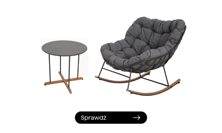 bujany fotel z kolorze szarym z małym stolikiem kawowym z ceramicznym blatem 