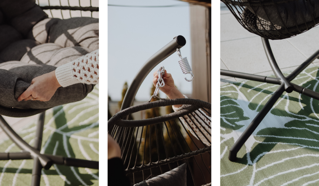 Kolaż trzech zdjęć ze zbliżeniem na szczeg&oacute;ły fotela wiszącego