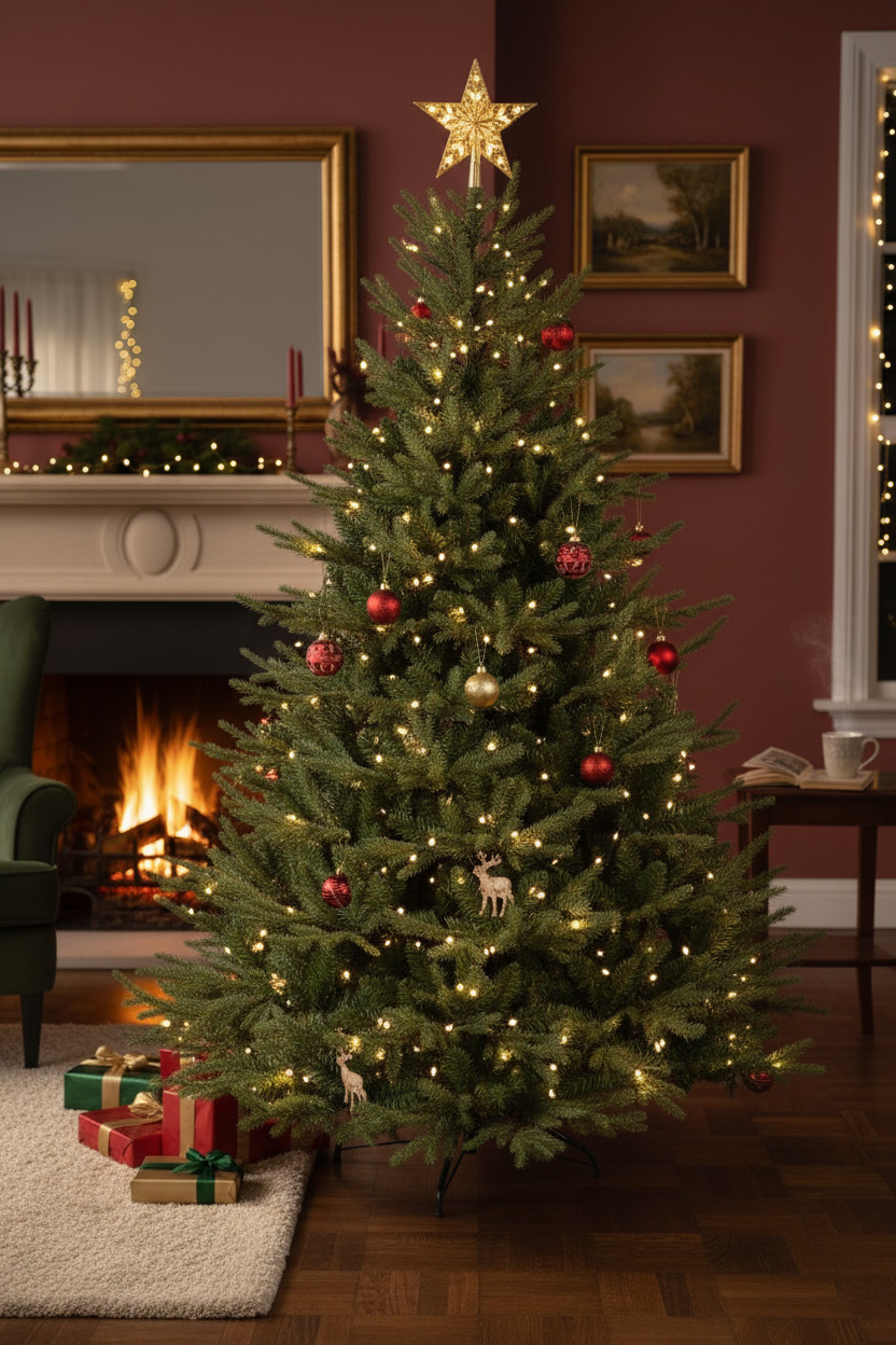 Choinka przy kominku w eleganckim salonie; czerwone ściany, lustra nad portalem, prezenty na dywanie.