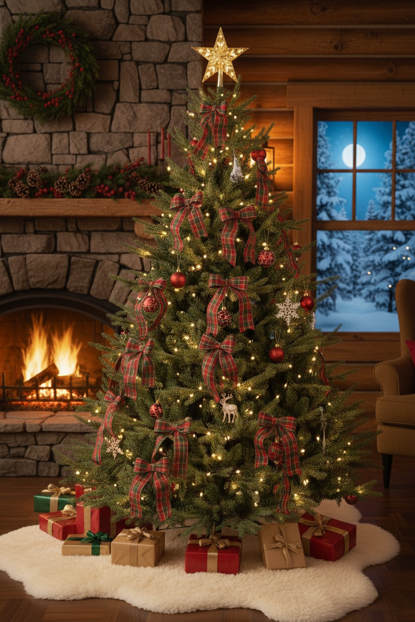 Choinka z kokardami i bombkami przy kamiennym kominku; prezenty na jasnym dywaniku.
