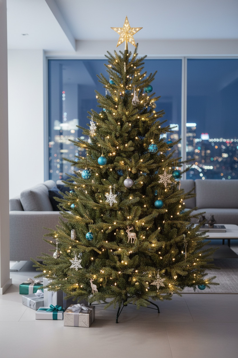 Choinka z turkusowo-srebrnymi bombkami przy panoramicznych oknach; miasto w tle, prezenty.