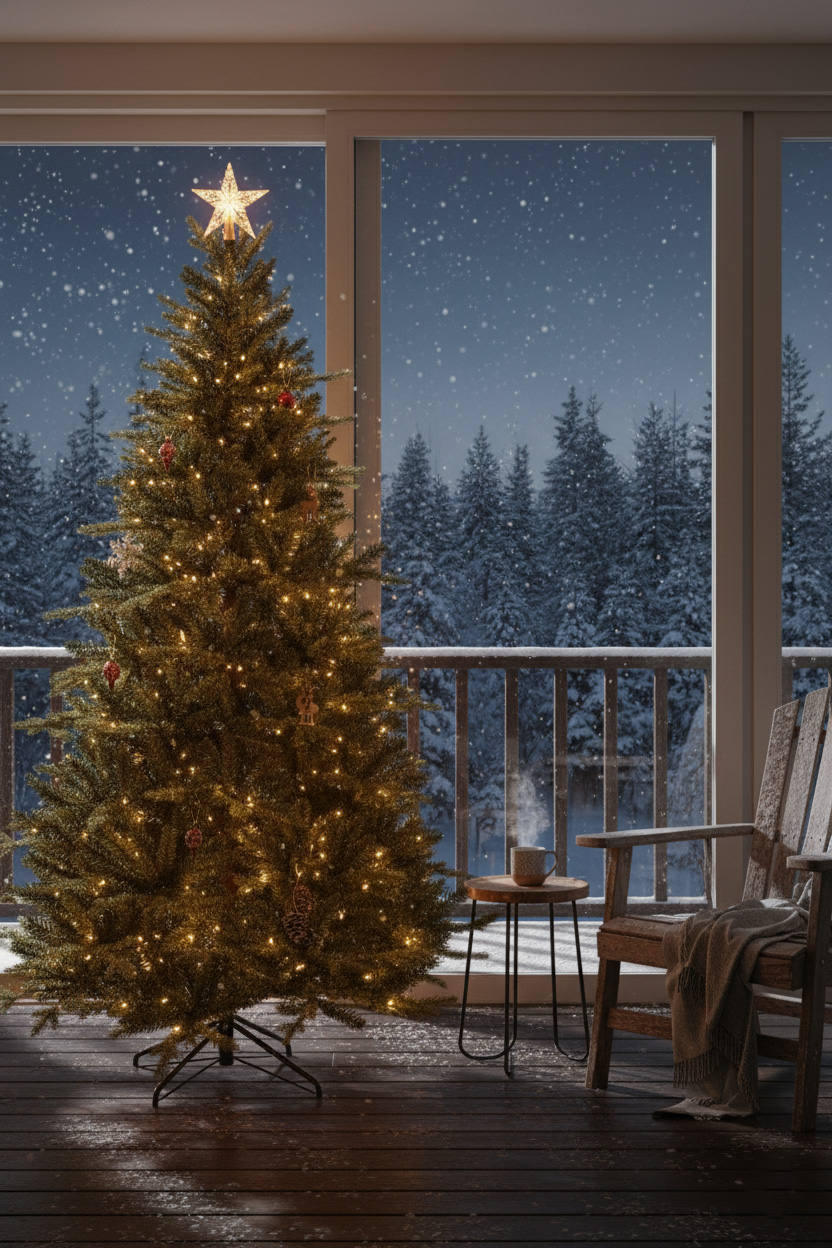 Świerk COZY 210 cm z gęstymi gałązkami, bombkami i lampkami LED na zadaszonym tarasie.