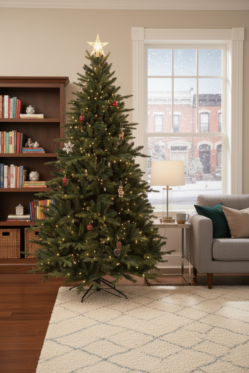 Choinka z gwiazdą na szczycie w jasnym salonie; regał, okno ze śniegiem i lampa stojąca.