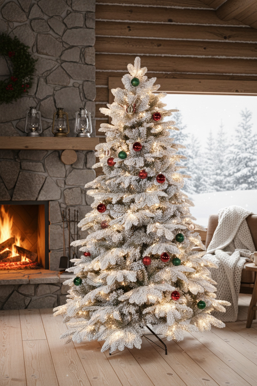 Ośnieżona choinka przy kominku w salonie; ciepłe lampki, czerwono-zielone ozdoby, zimowy widok za oknem.