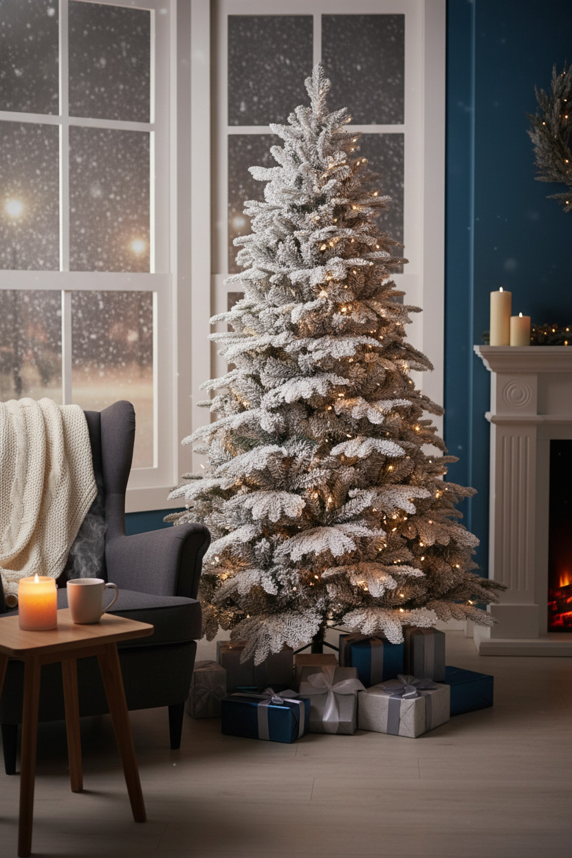 Ośnieżona choinka w salonie przy panoramicznym oknie; ciepłe światełka, świece, srebrno-niebieskie pakunki.