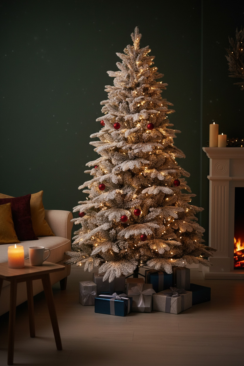 Ośnieżona choinka w salonie przy kominku; ciepłe lampki, czerwone bombki, prezenty u podstawy.