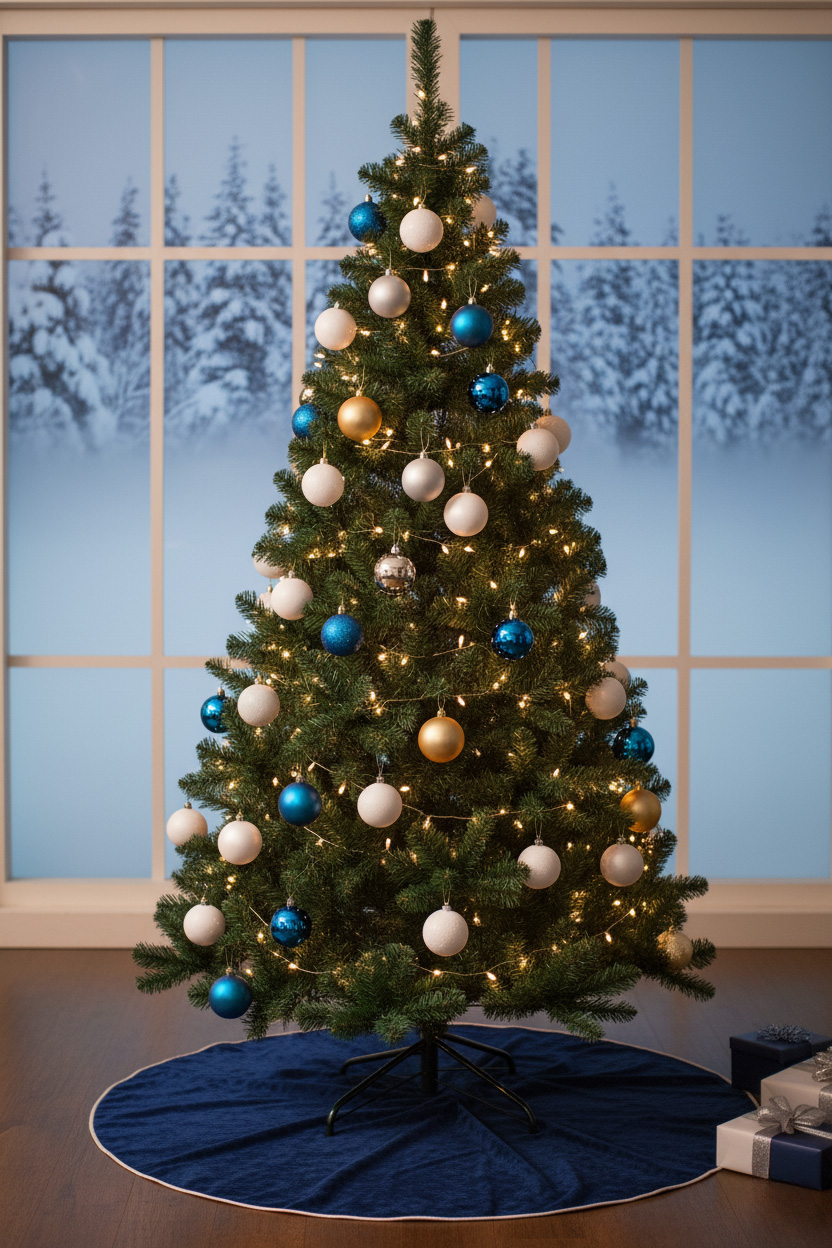 Choinka z białymi, niebieskimi i złotymi bombkami; zimowy widok za panoramicznym oknem, granatowa mata pod drzewkiem.