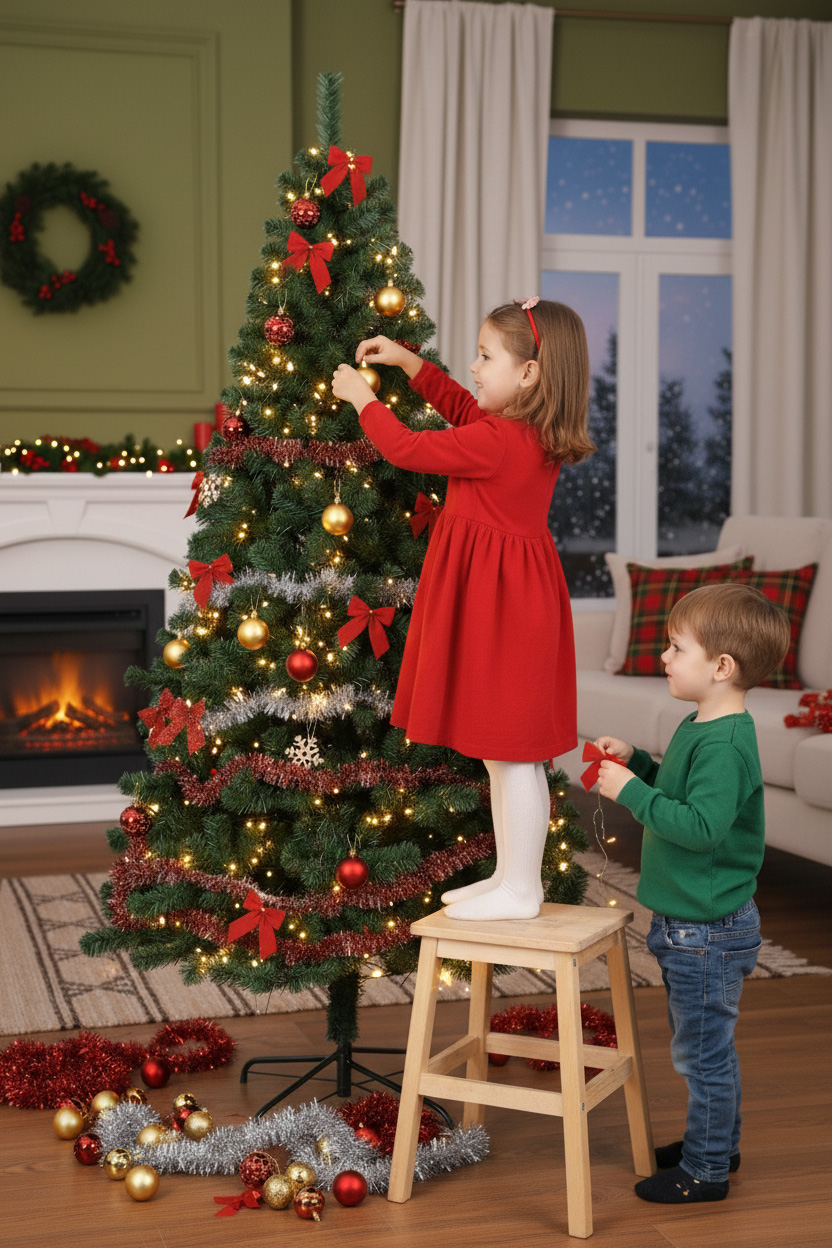 Dziewczynka na stołku i chłopiec wieszają ozdoby na choince; kominek, zielone ściany, czerwone kokardy.