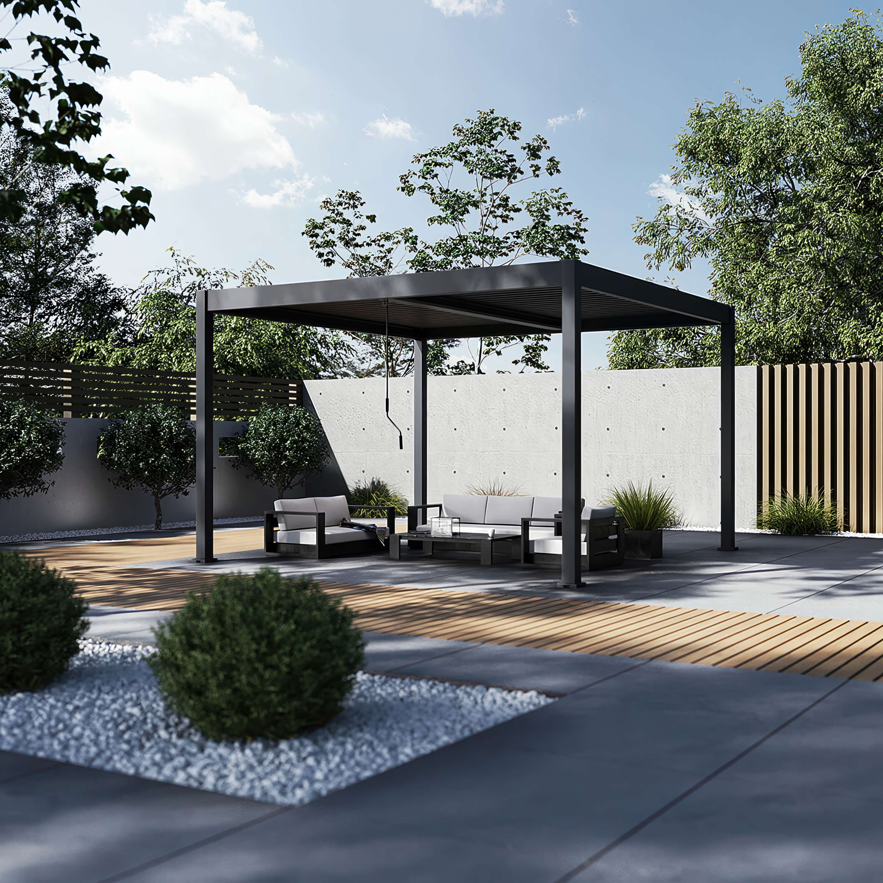 DELUXE PRO AUTOMATIC 3x4 elektrick&aacute; terasov&aacute; pergola s LED osvětlen&iacute;m, antracit/světle &scaron;ed&aacute; - Gutroof