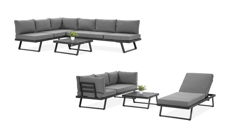 Narożnik modułowy MIDWAY Dark Grey - FOCUS GARDEN w r&oacute;żnych wariantach ustawieniowych na białym tle