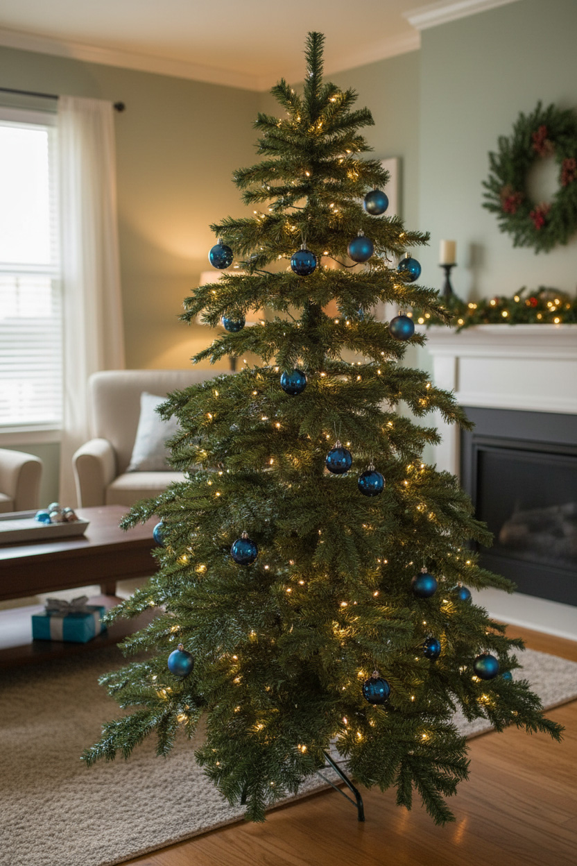 Choinka z ciepłymi światełkami w pokoju dziennym; kominek w tle.