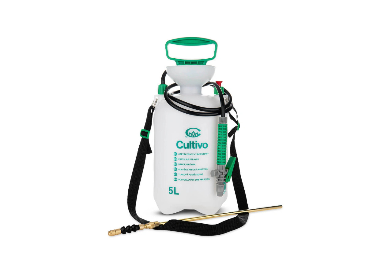 Opryskiwacz ciśnieniowy ręczny Cultivo o pojemności 5 litrów z teleskopową lancą i paskiem na ramię, biało-zielony.