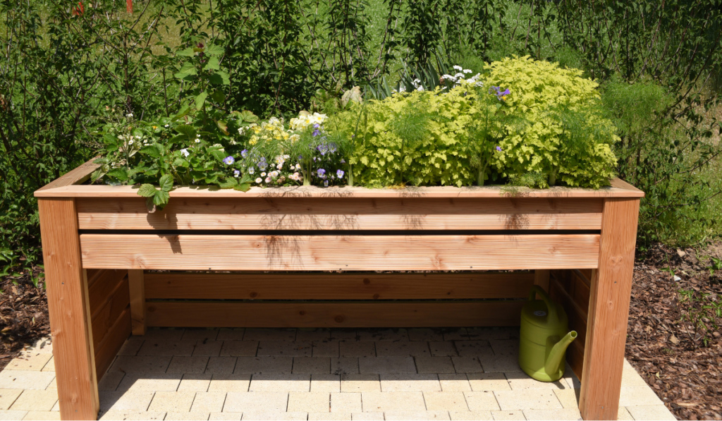 Donica drewniana z zielonymi roślinami w ogr&oacute;dku